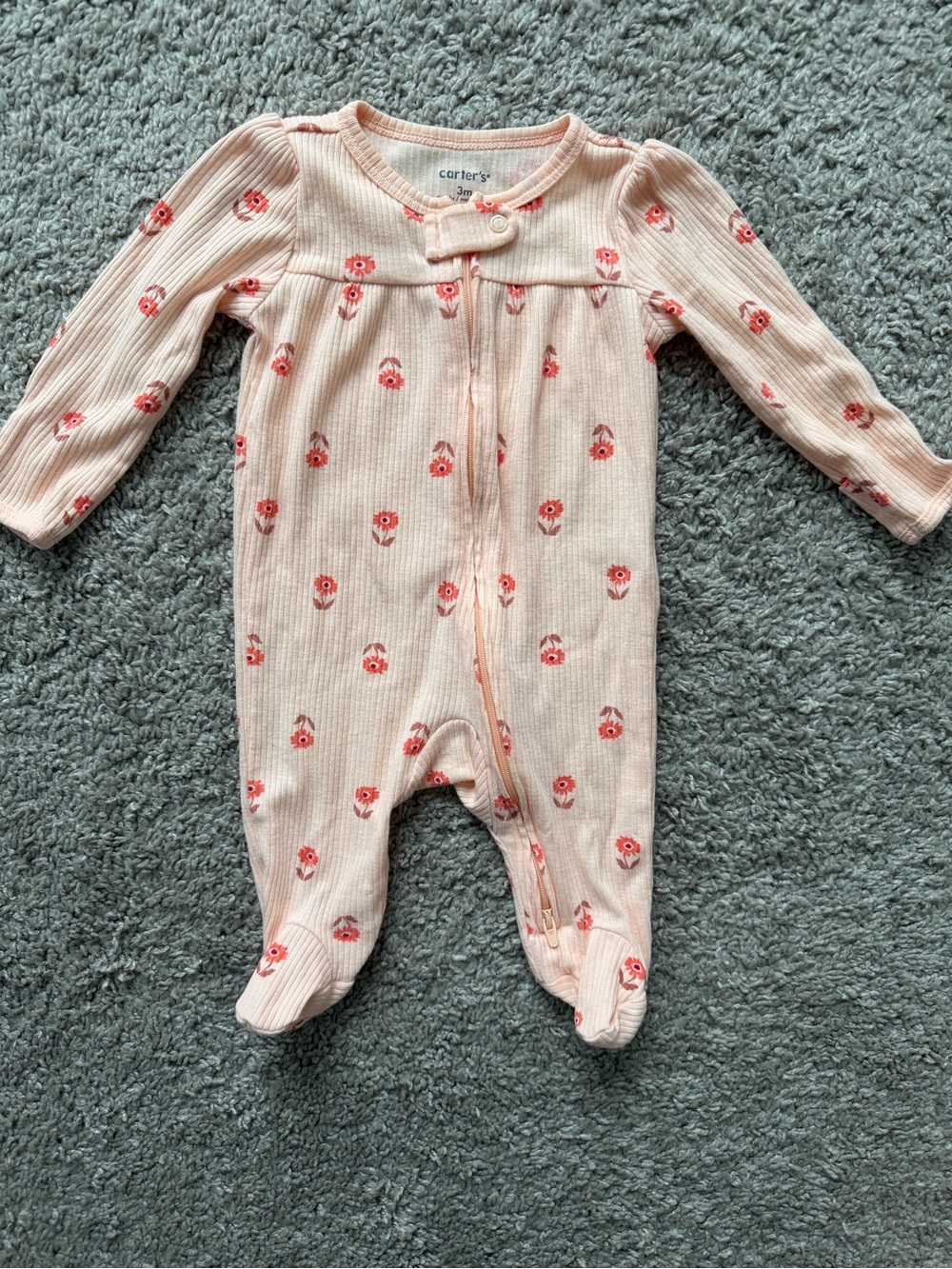 Carter's Light Pink Ribbed Floral Footed One-Piece
